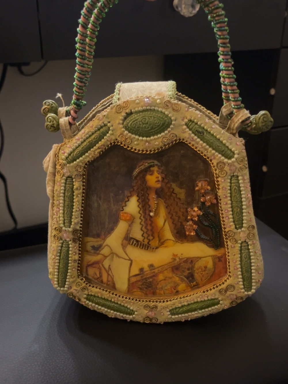Mary Frances Green Beaded Embroidered Mini Handbag with Art Panel